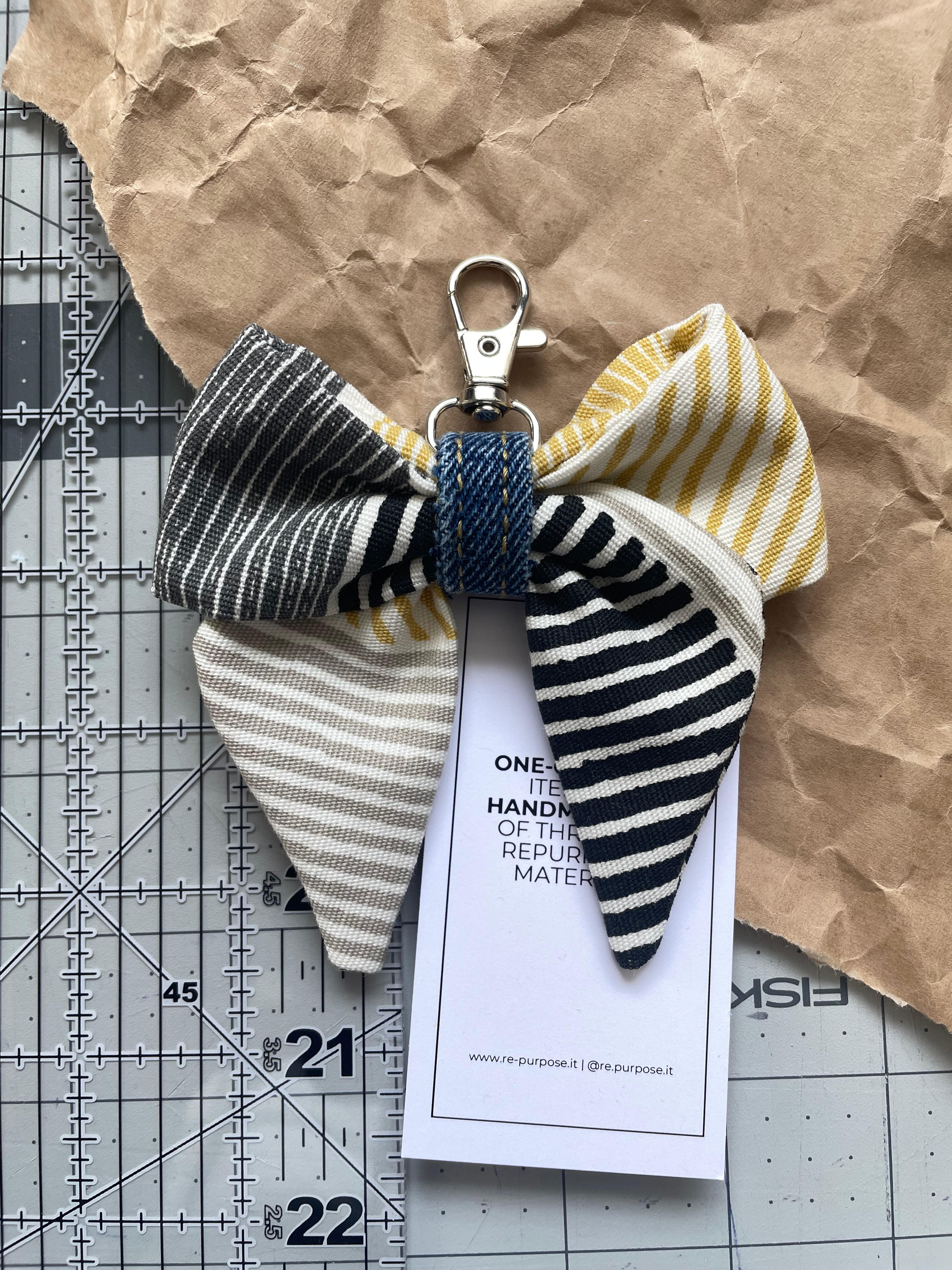 🗝️ Upcycled Fabric Bow Keychain - Ikea Stripes