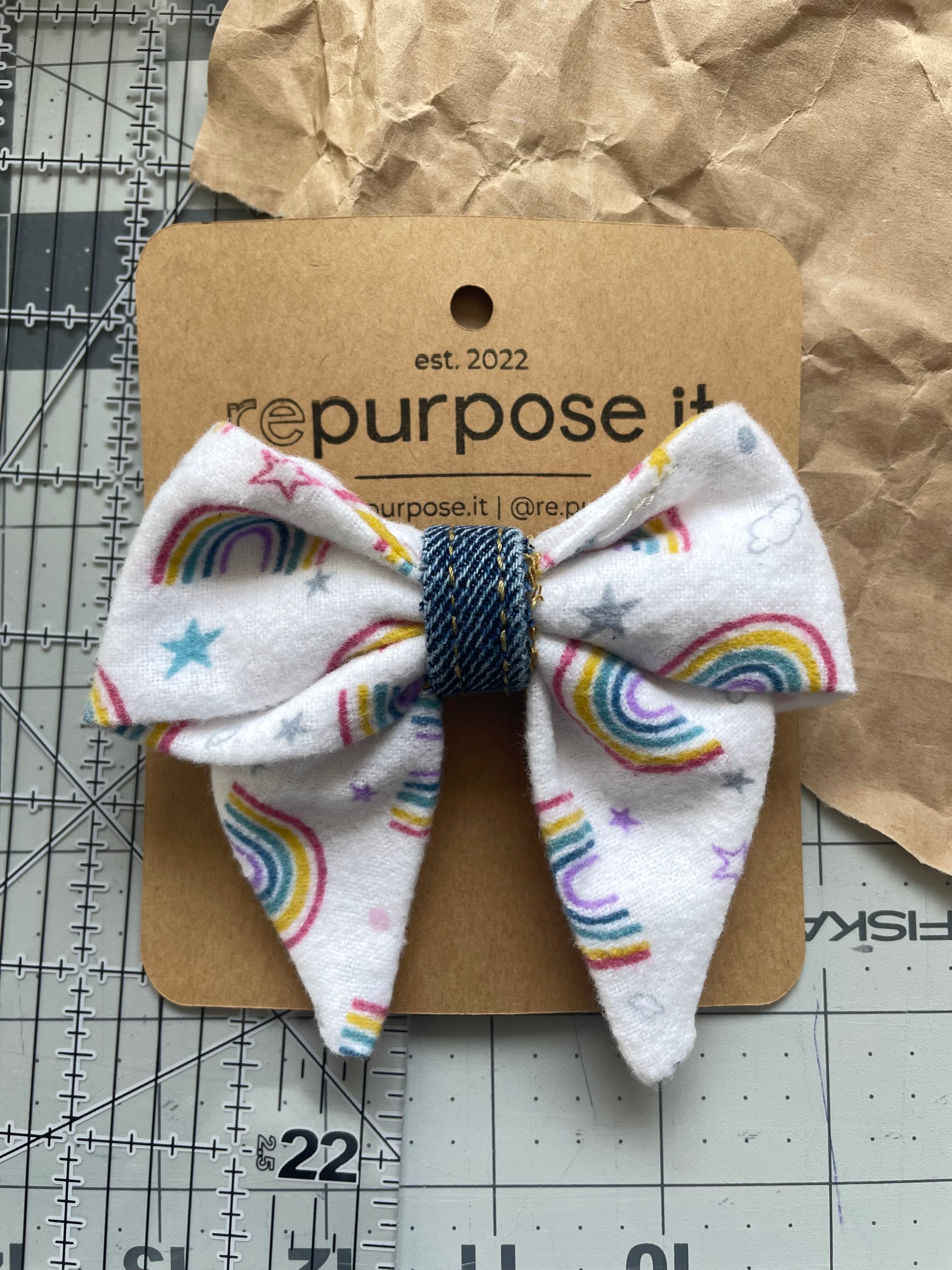 🎀 Upcycled Bow Hair Clip - Rainbow Flannel