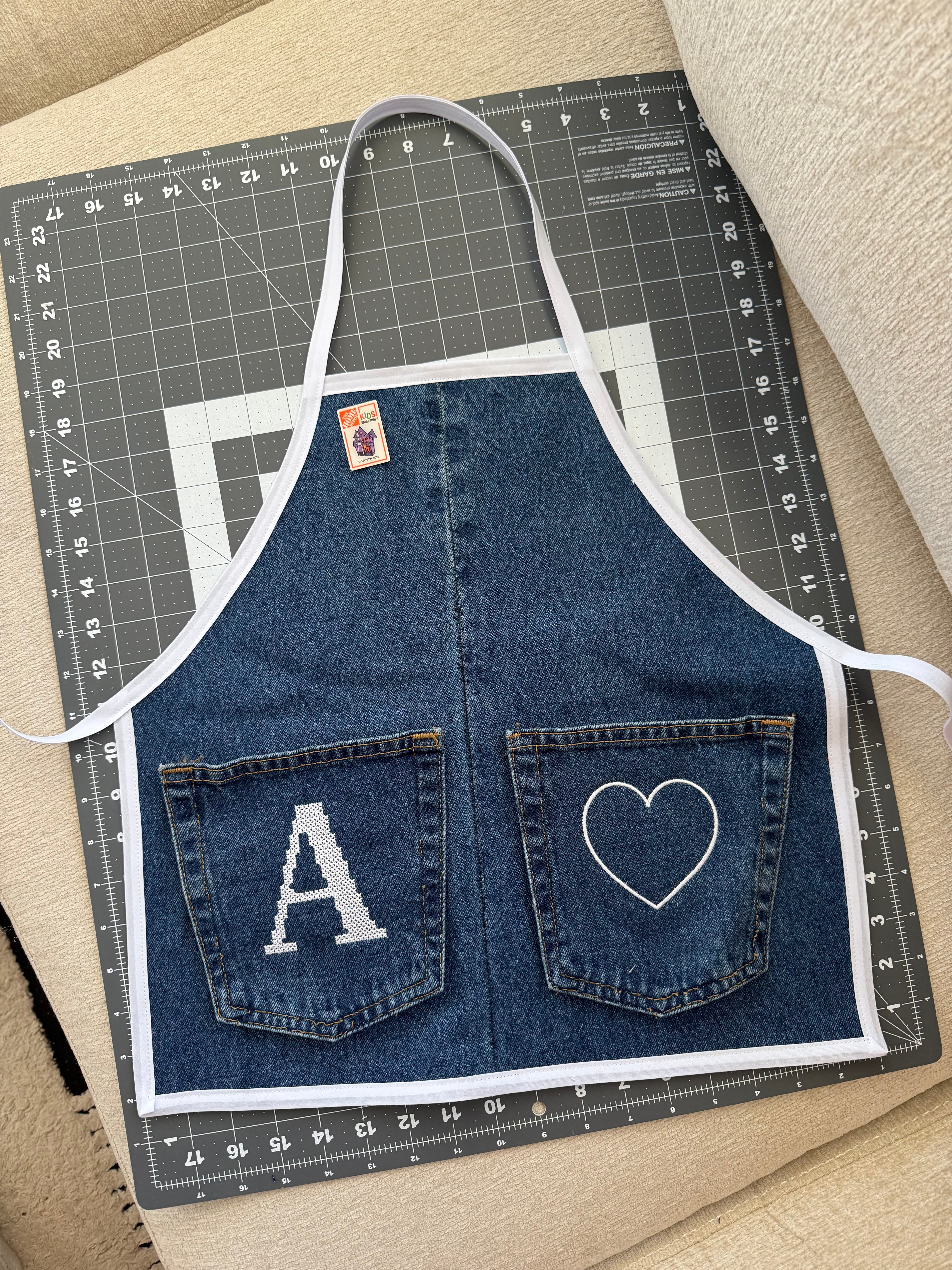 Upcycled Kids Denim Apron with Custom Letter Embroidery
