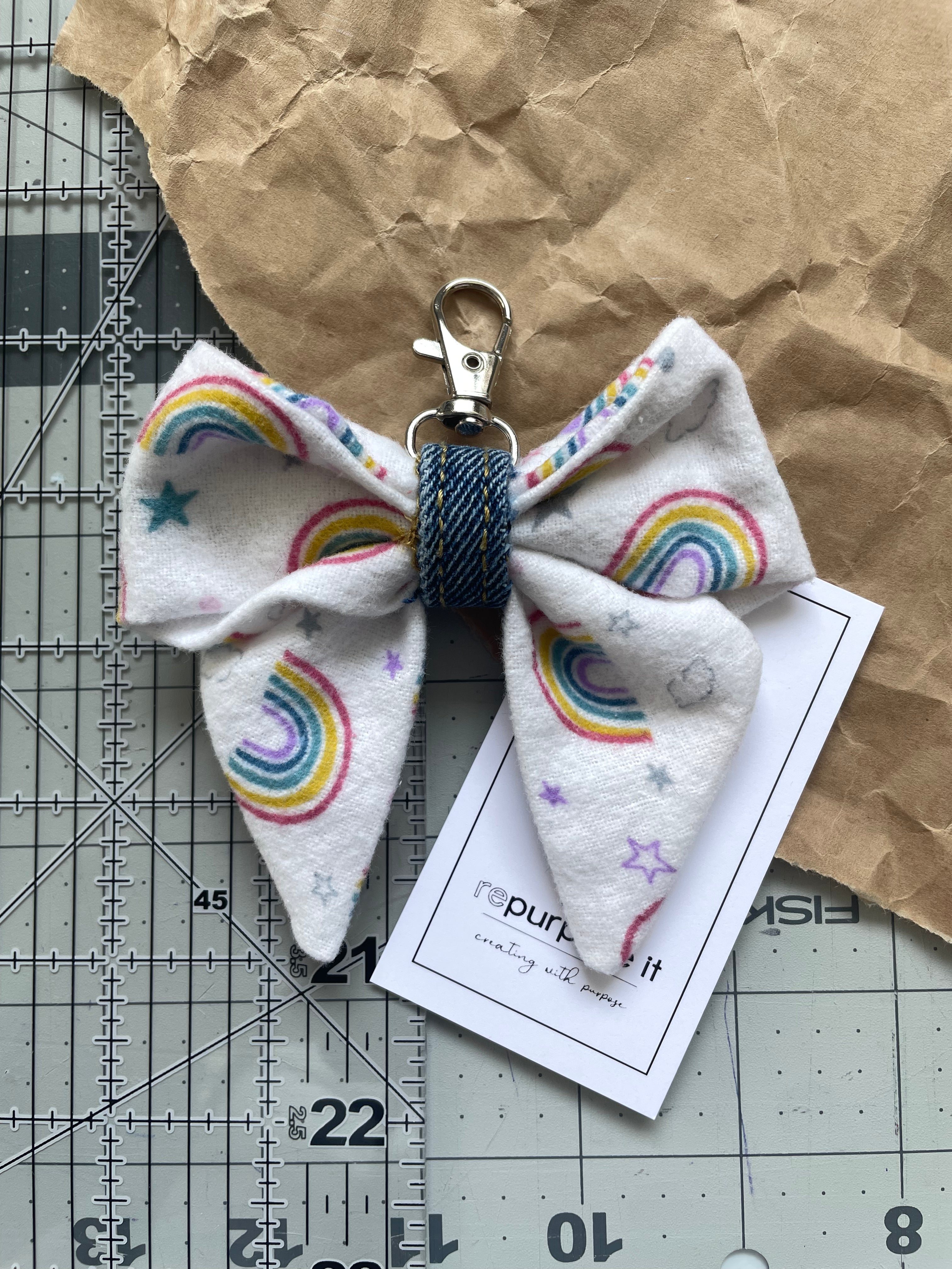 🗝️ Upcycled Fabric Bow Keychain - Rainbow Flannel