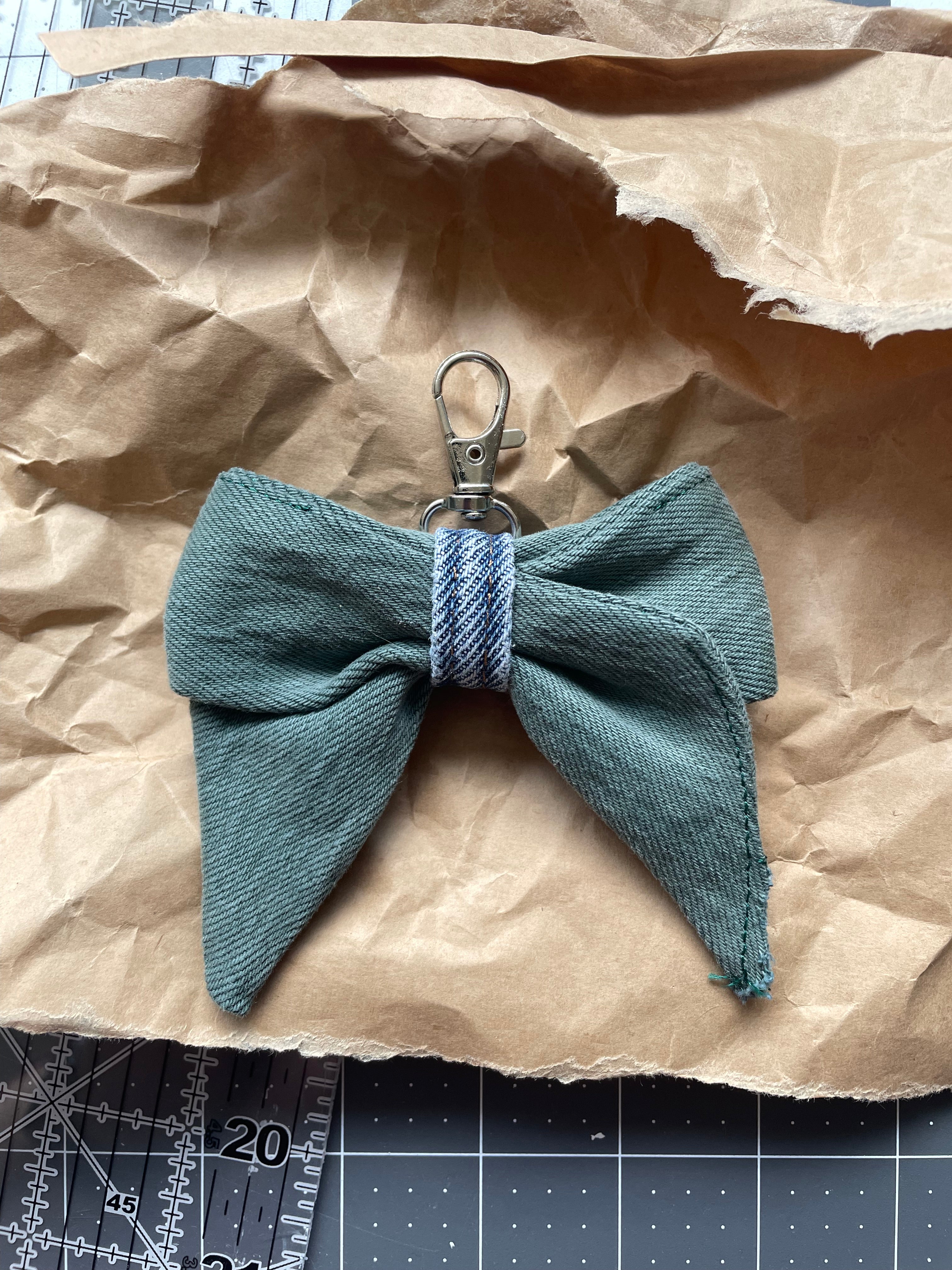 🗝️ Upcycled Denim Bow Keychain - Green Denim